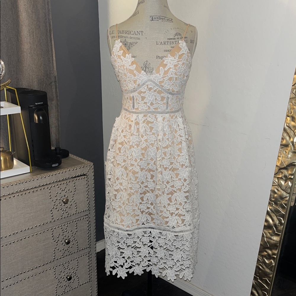 Elegant White Lace Midi Dress with Spaghetti Straps